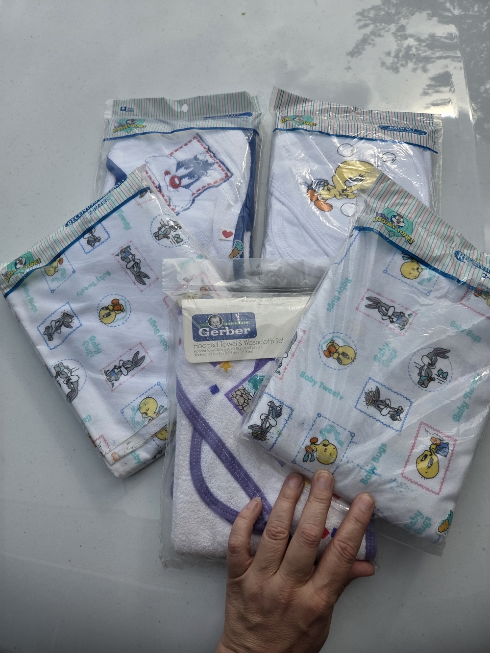 Gerber White Baby Hooded Towel and Washcloth Set with Purple and Blue Trim